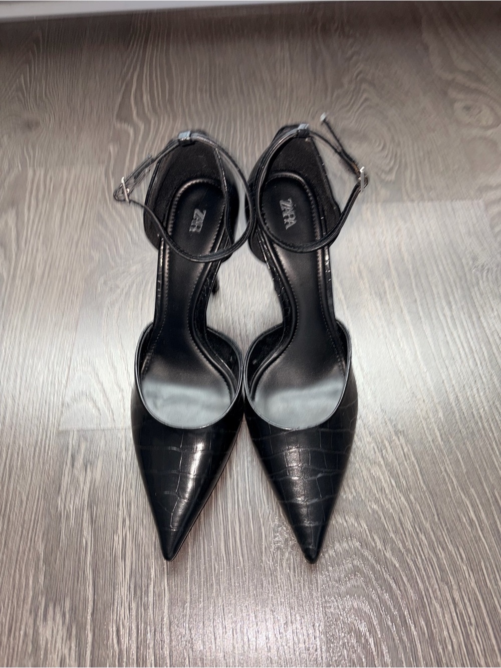 Zara Black Croc-Embossed Pointed Ankle-Strap Heels